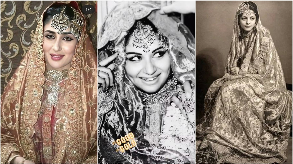 For her wedding to Saif Ali Khan, Kareena Kapoor Khan wore the bridal sharara her mother-in-law Sharmila Tagore wore to her own wedding in 1969, refitted and re-tailored by Ritu Kumar. The sharara had previously been worn by Begum Sajida Sultan, Sharmila Tagore's mother-in-law for her wedding in 1939. The beauty of a 100 year-old heirloom!