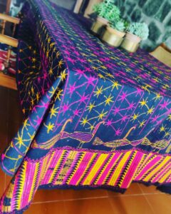 Vintage phulkari chadar used on table Photo courtesy: Smriti Lamech