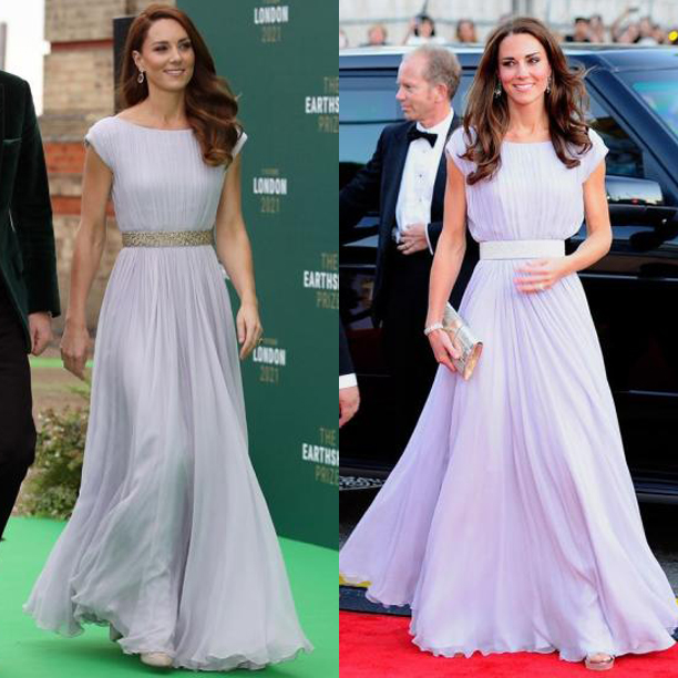 Dress: Jenny Packham; A newlywed Kate opted for this lilac gown by Jenny Packham, before recycling the same gown – this time with a different belt – a decade later. First worn at the BAFTAs in LA, 2011 and then at the Earthshot Award ceremony, London, 2021