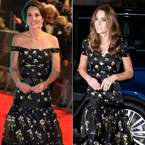 Dress: Erdem; Staying true to her sustainable fashion choices, Kate wore a re-worked version of this floral off-shoulder gown. First worn at BAFTAs, 2017 and then at the National Portrait gala, 2019
