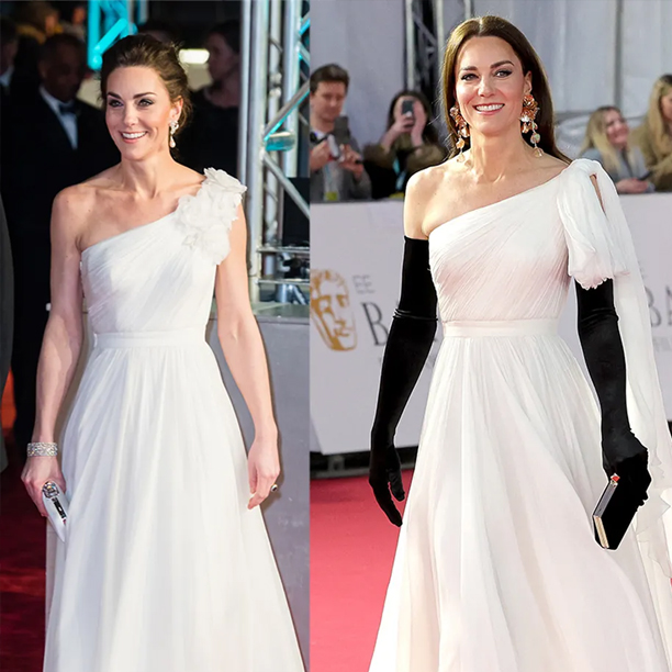 Dress: Alexander McQueen; In keeping with the ceremony’s sustainable fashion icon code, Kate Middleton rewore this one-shoulder gown by restyling the look with black velvet opera gloves. First worn at BAFTA’s in 2019 and then few years later at BAFTA’s in 2023