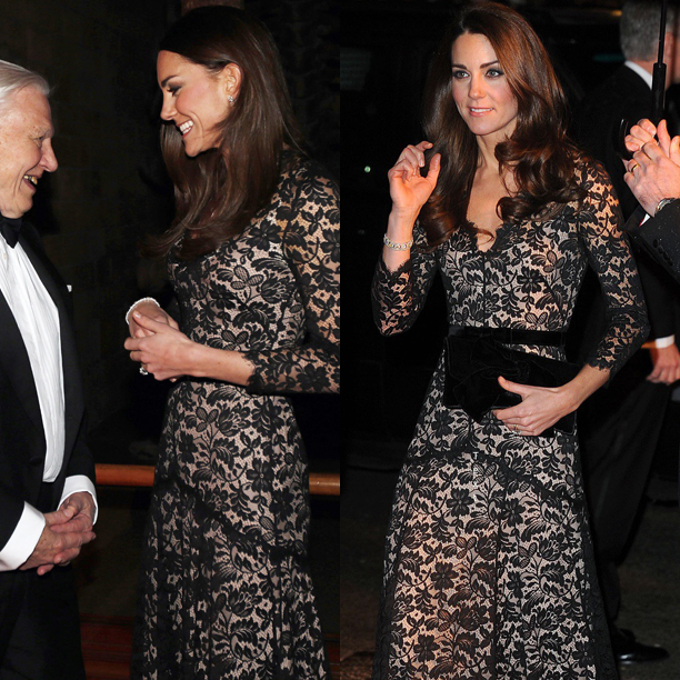 Dress: Diane von Furstenberg; an iconic twist to repeating maternity wear, the Duchess wore black lace gown by Diane von Furstenberg for two public events, one while pregnant with Princess Charlotte and the other while pregnant with Prince Louis three years later. She wore it at the Royal Variety Performance, 2014 and at the Gala dinner for the Anna Freud National Centre, 2017