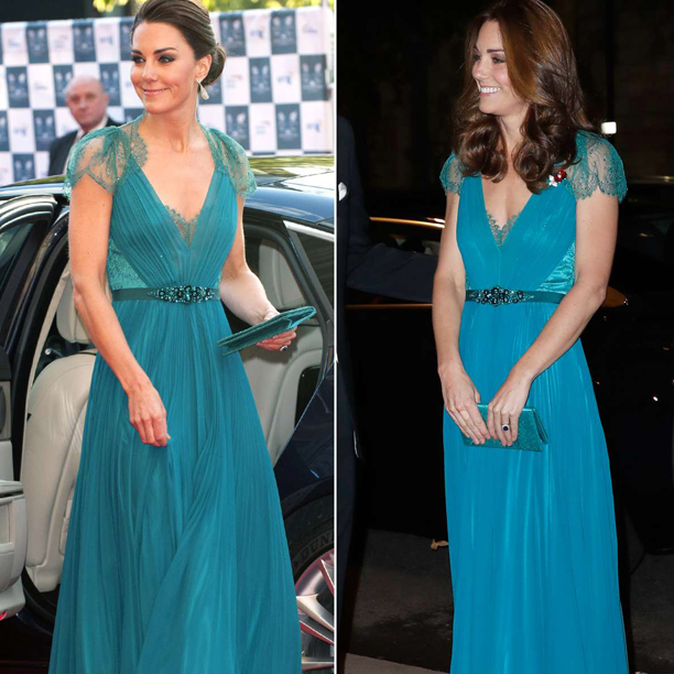 Dress: Jenny Packham; Kate first wore this teal gown by her red-carpet go-to designer Jenny Packham, before re-wearing the same dress 6 years later. An example for real sustainable fashion.