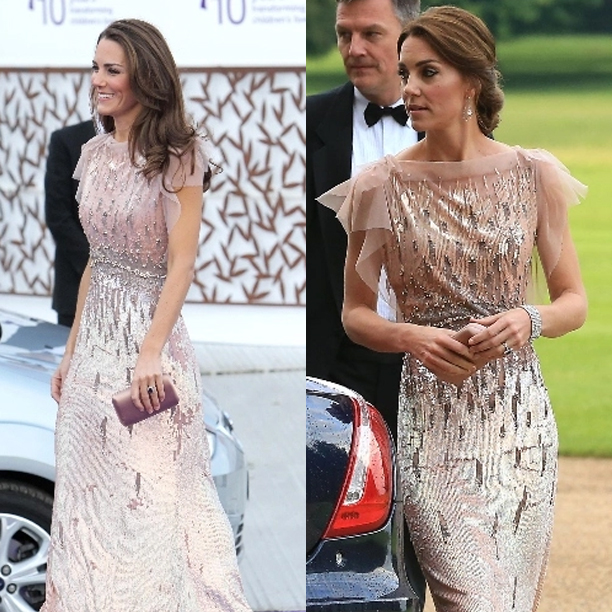 Dress: Jenny Packham; The Duchess recycled this shimmering Jenny Packham dress, staying true to her sustainable style. She first wore it at the Gala Dinner for Ark children’s charity, Kensington Palace, 2011 and then at the Gala Dinner for East Anglia’s Children’s Hospices, Norfolk, 2016