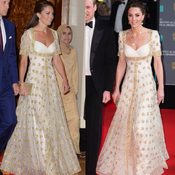 Dress: Alexander McQueen; The Duchess rewore this recycled embroidered gown dress. She first wore it at her Malaysia tour, 2012 and then at the BAFTA Awards, 2020