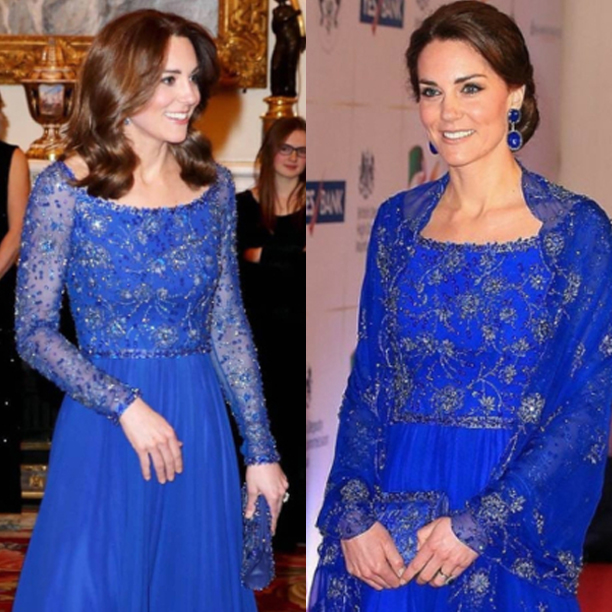 Dress: Jenny Packham ; The Duchess revamped this cobalt blue gown, that had earlier been styled with a matching shawl. She first wore this at her India tour, 2016 and then at the Gala dinner for Place2Be, Buckingham Palace, 2020