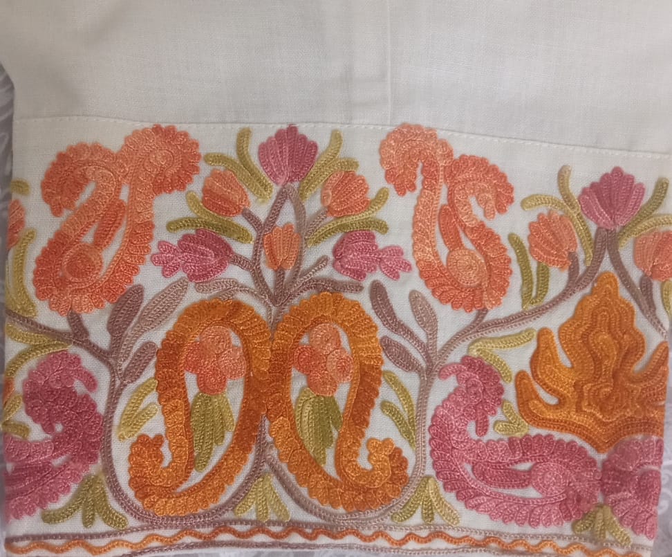 A close up of the Kashmiri aari embroidery.