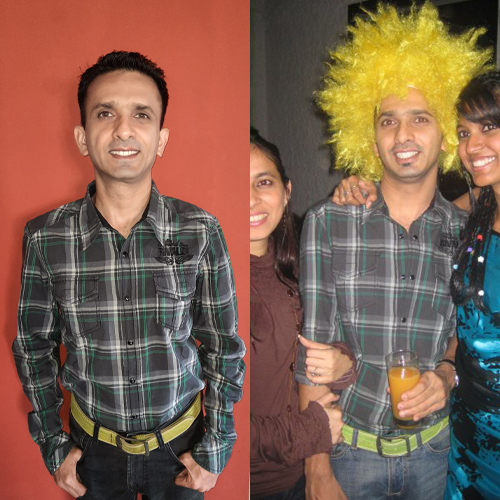 Faheem rewearing green check shirt for a Wig Party in 2009