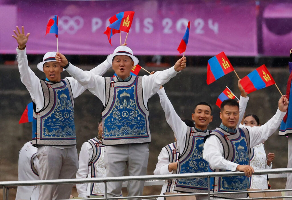 The Mongolian team at the Olympics 2024 opening ceremony